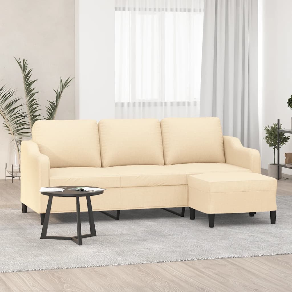 3-Seater Sofa with Footstool Cream 180 cm Fabric