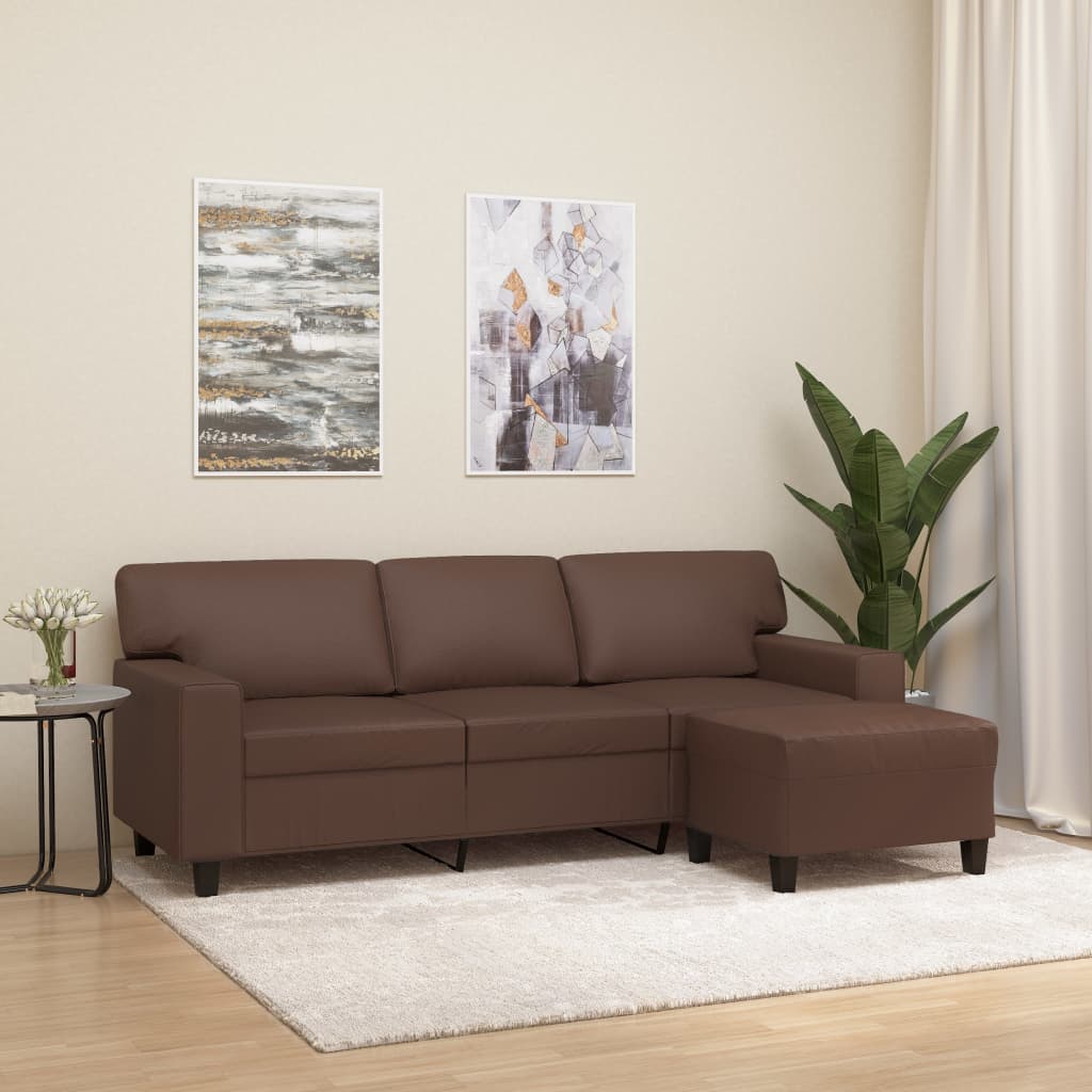 3-Seater Sofa with Footstool Brown 180 cm Faux Leather
