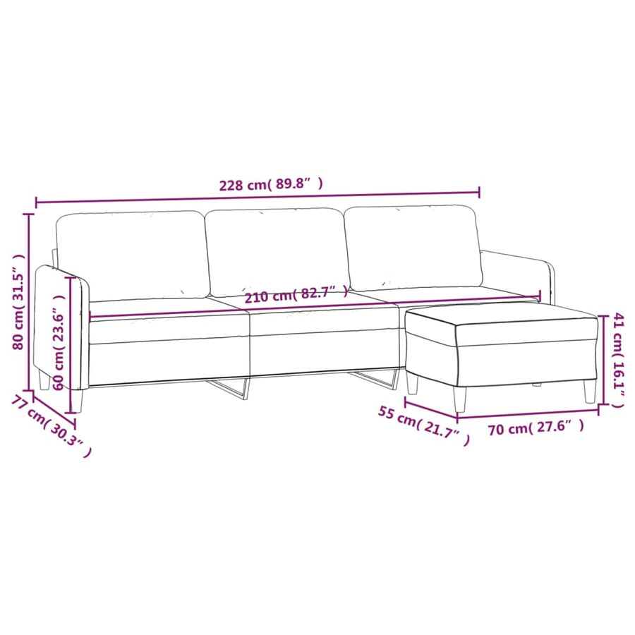 3-Seater Sofa with Footstool Cream 210 cm Fabric