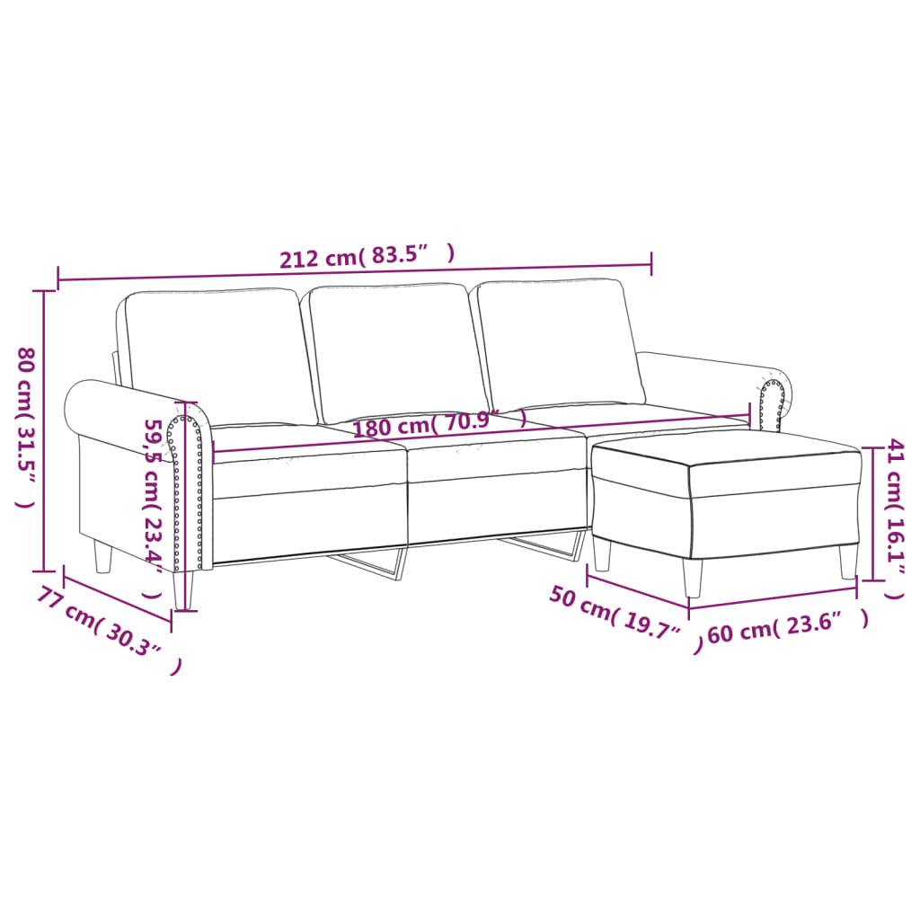 3-Seater Sofa with Footstool Black 180 cm Faux Leather