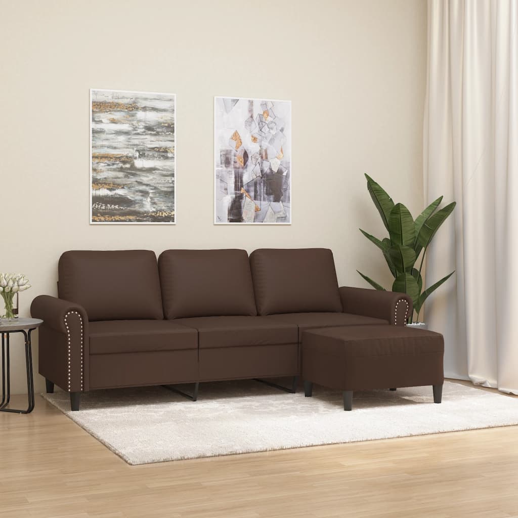 3-Seater Sofa with Footstool Brown 180 cm Faux Leather