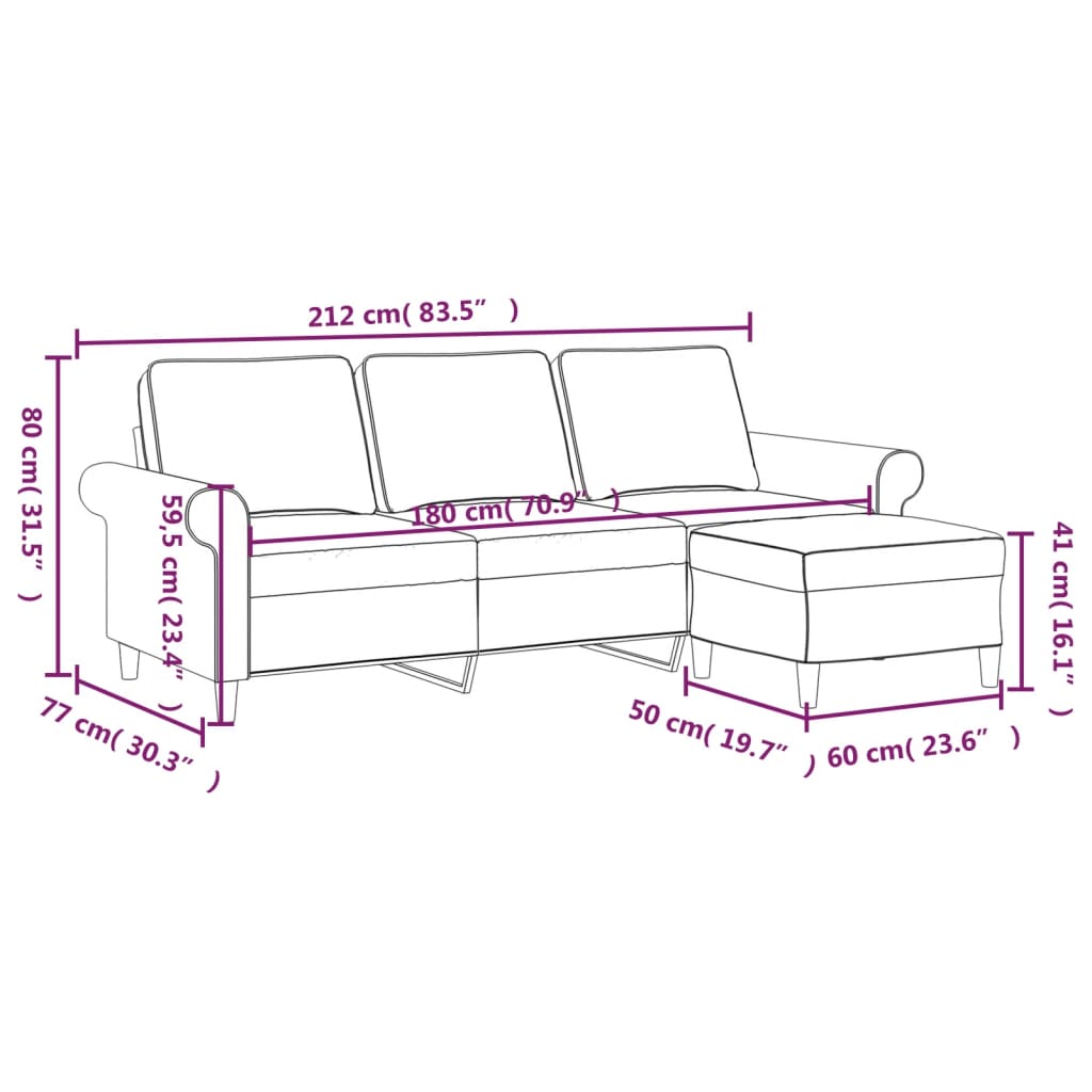 3-Seater Sofa with Footstool Cream 180 cm Fabric