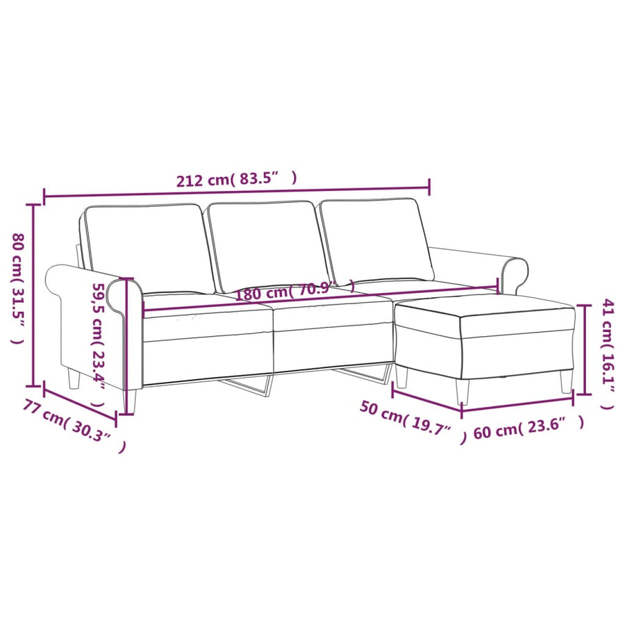 3-Seater Sofa with Footstool Cream 180 cm Fabric