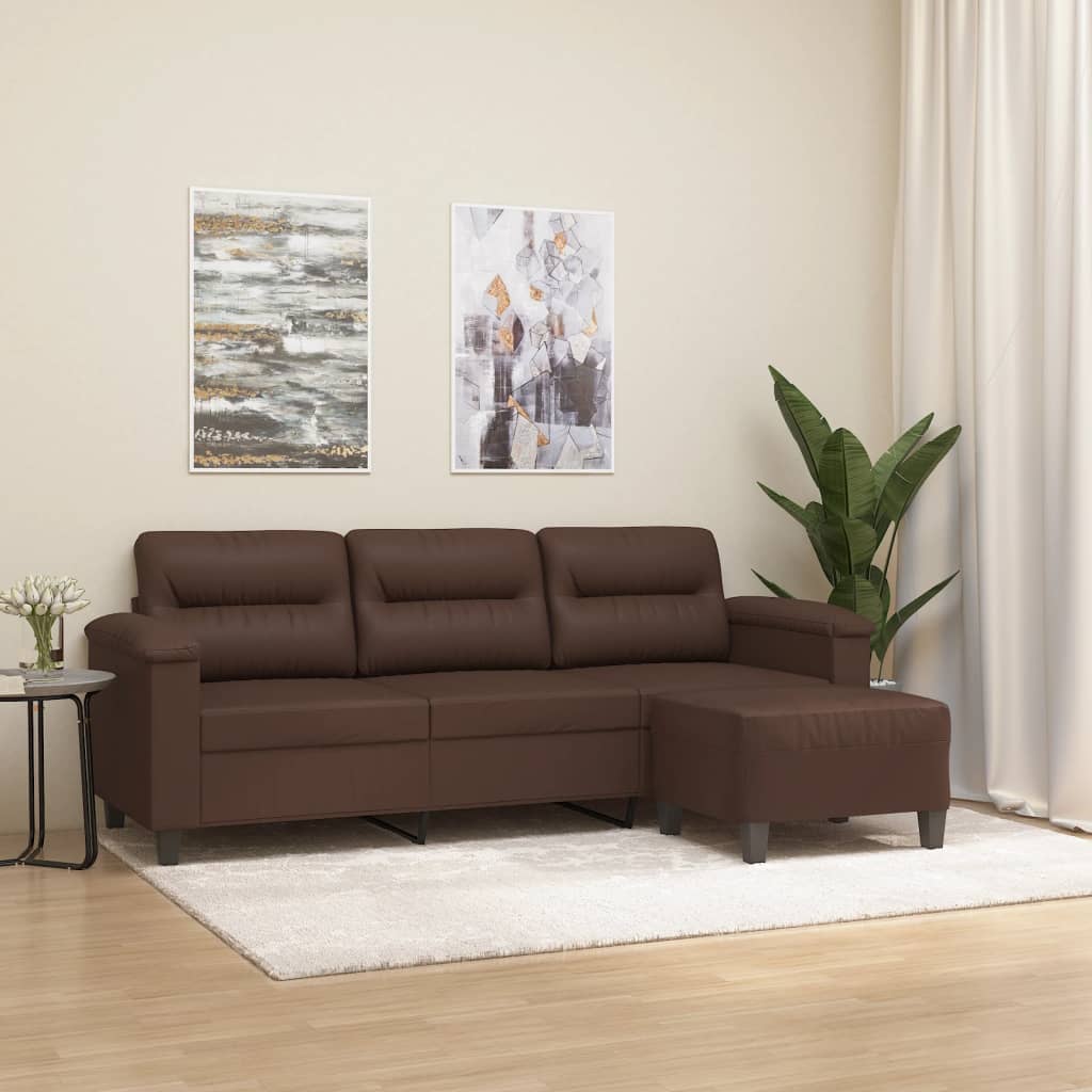 3-Seater Sofa with Footstool Brown 180 cm Faux Leather