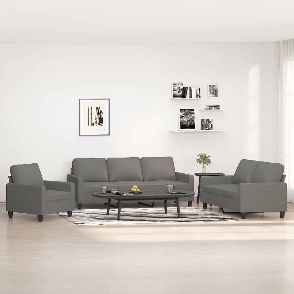3 Piece Sofa Set with Cushions Dark Grey Fabric