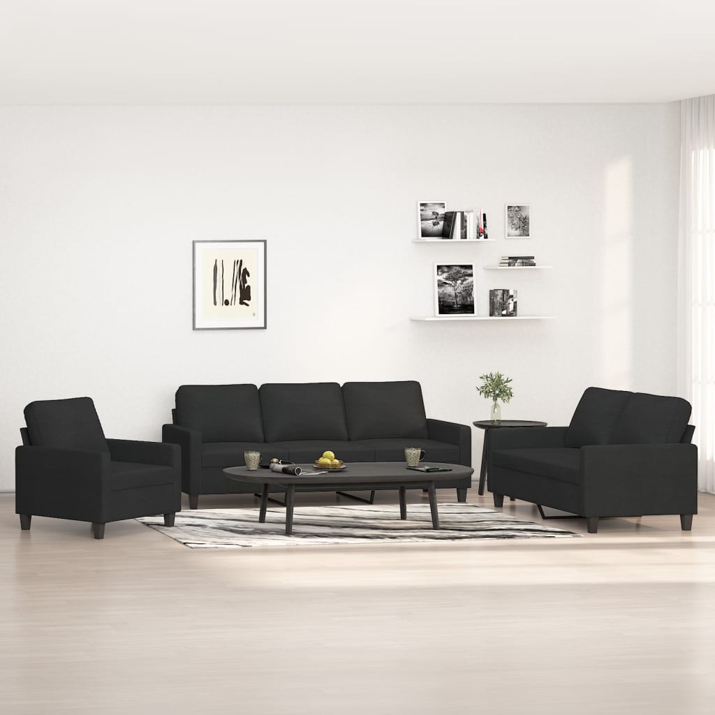 3 Piece Sofa Set with Cushions Black Fabric