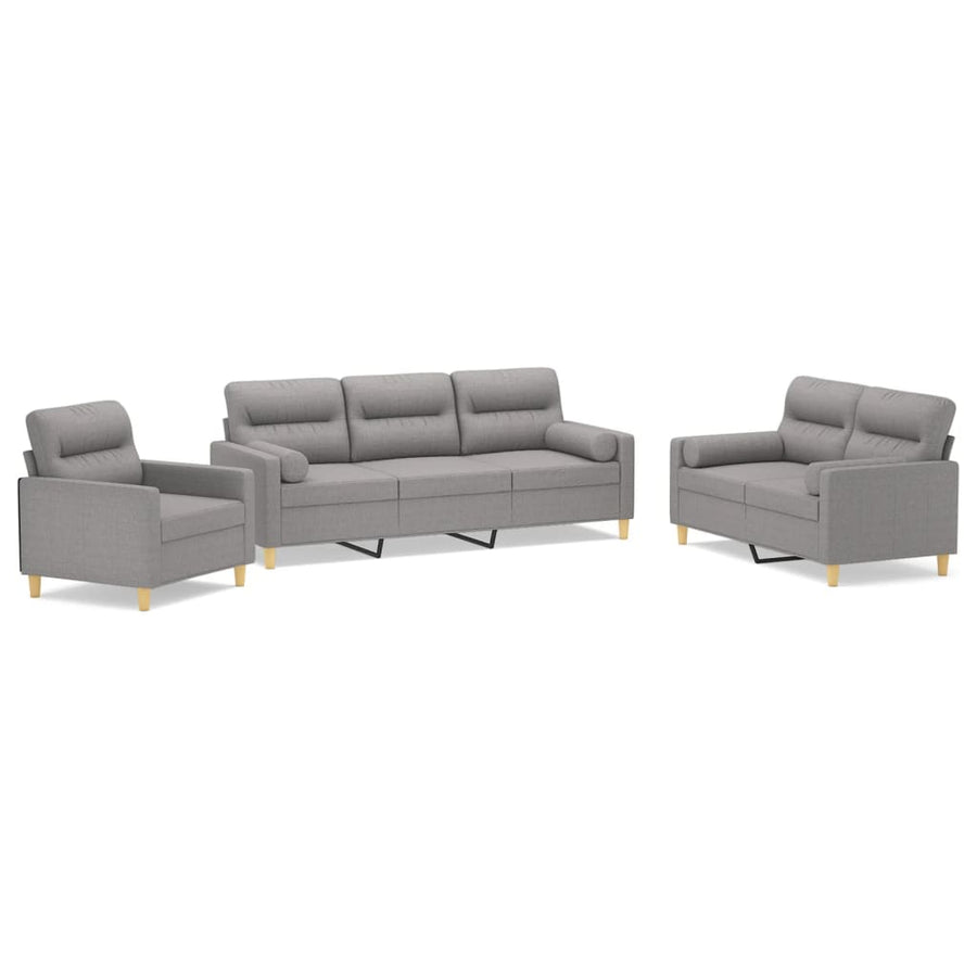 3 Piece Sofa Set with Throw Pillows and Cushions Light Grey Fabric