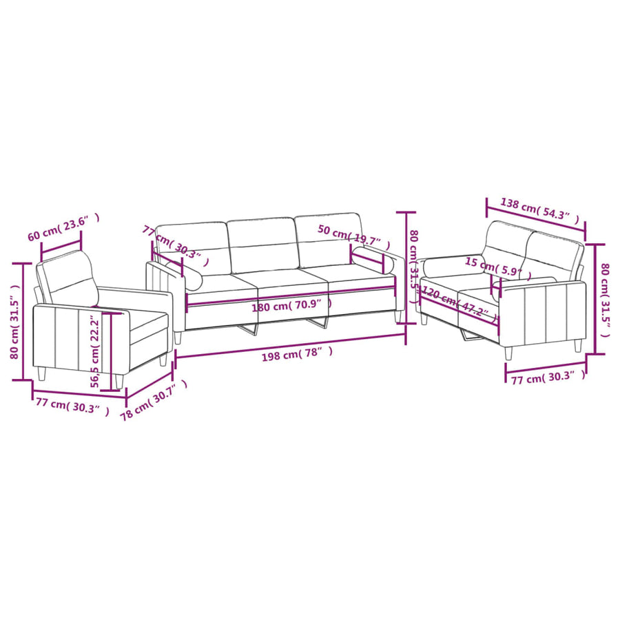 3 Piece Sofa Set with Throw Pillows and Cushions Light Grey Fabric