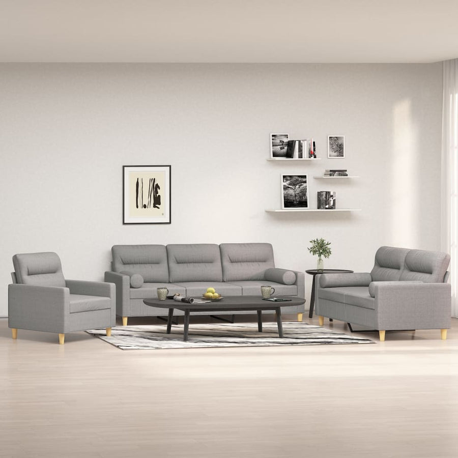 3 Piece Sofa Set with Throw Pillows and Cushions Light Grey Fabric