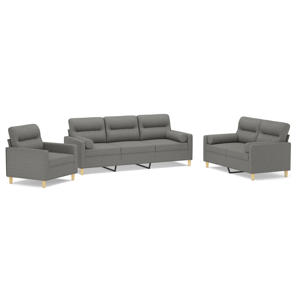 3 Piece Sofa Set with Throw Pillows&Cushions Dark Grey Fabric