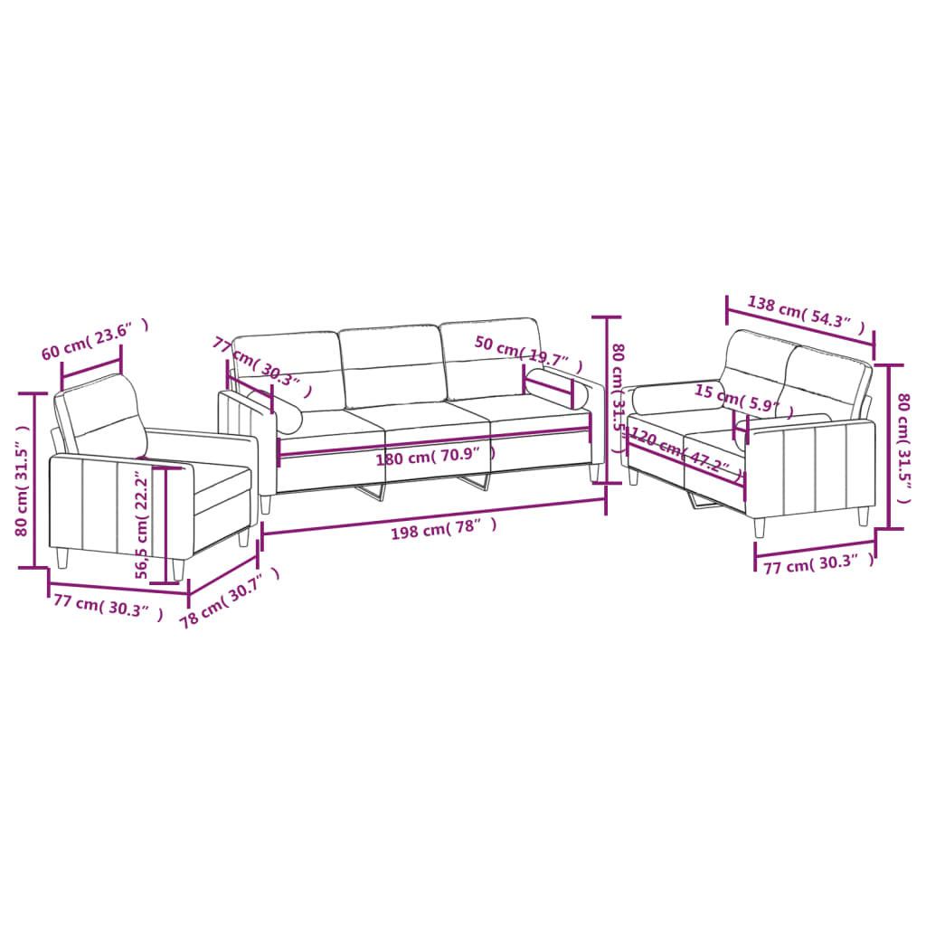 3 Piece Sofa Set with Throw Pillows&Cushions Cream Fabric