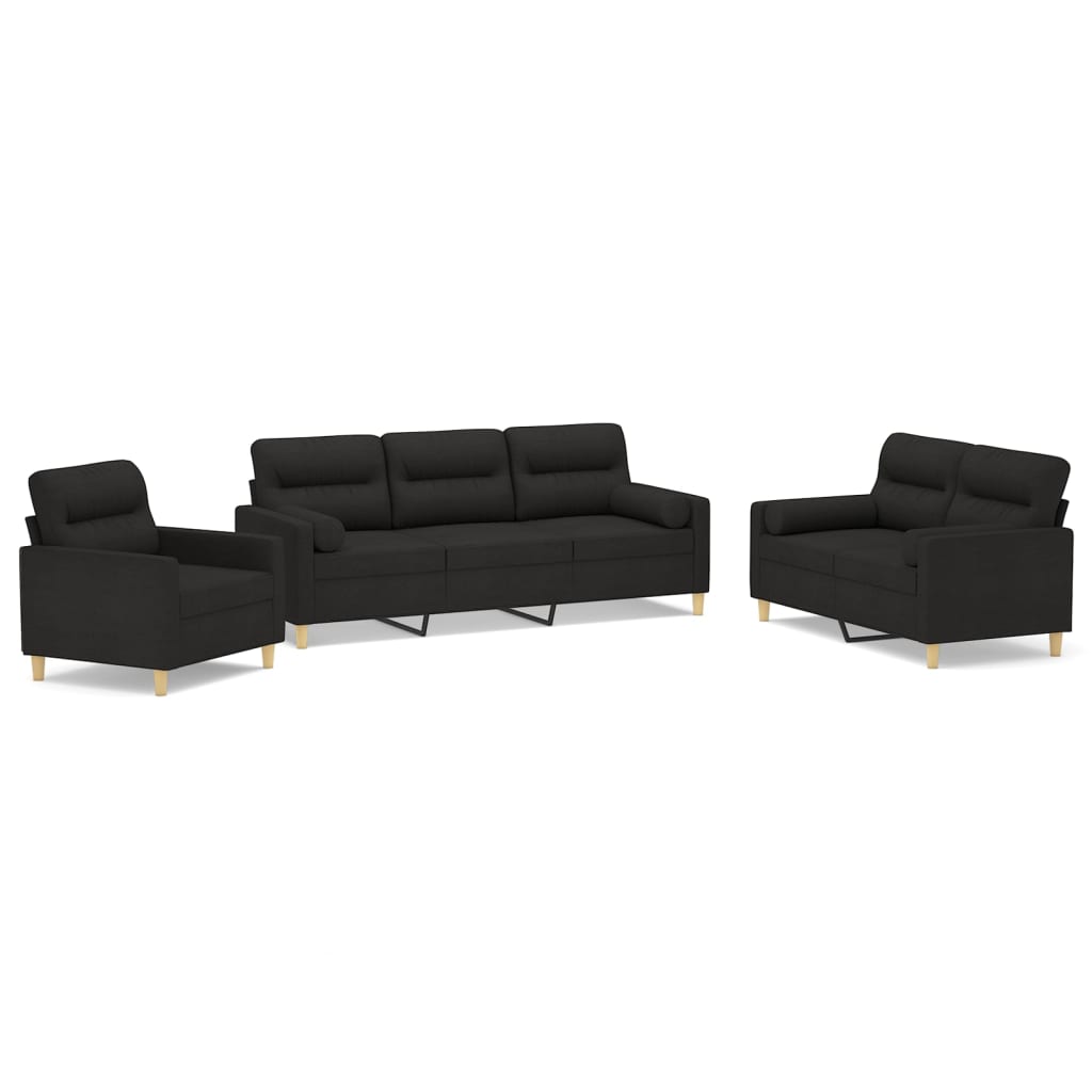 3 Piece Sofa Set with Throw Pillows&Cushions Black Fabric