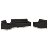 3 Piece Sofa Set with Throw Pillows&Cushions Black Fabric - Front View