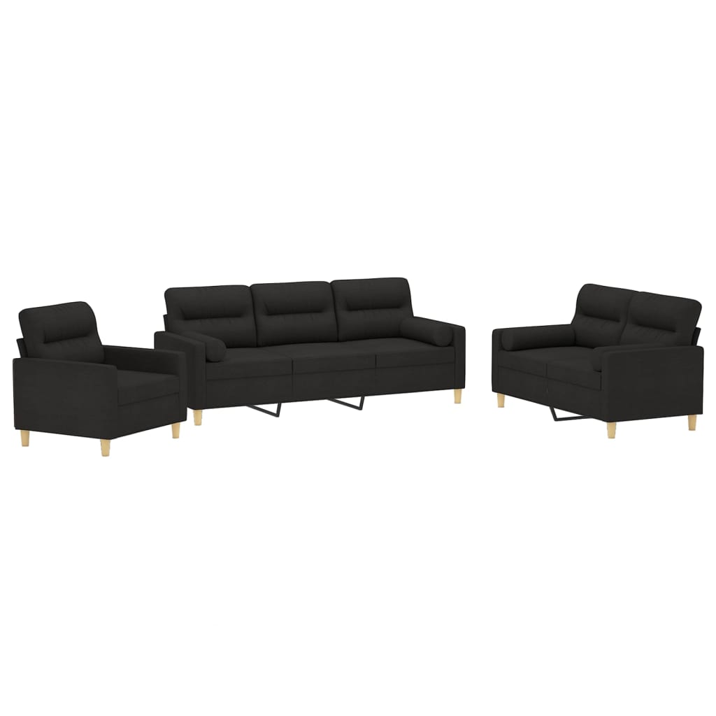 3 Piece Sofa Set with Throw Pillows&Cushions Black Fabric