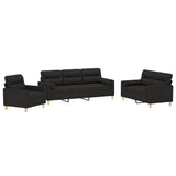 3 Piece Sofa Set with Throw Pillows&Cushions Black Fabric