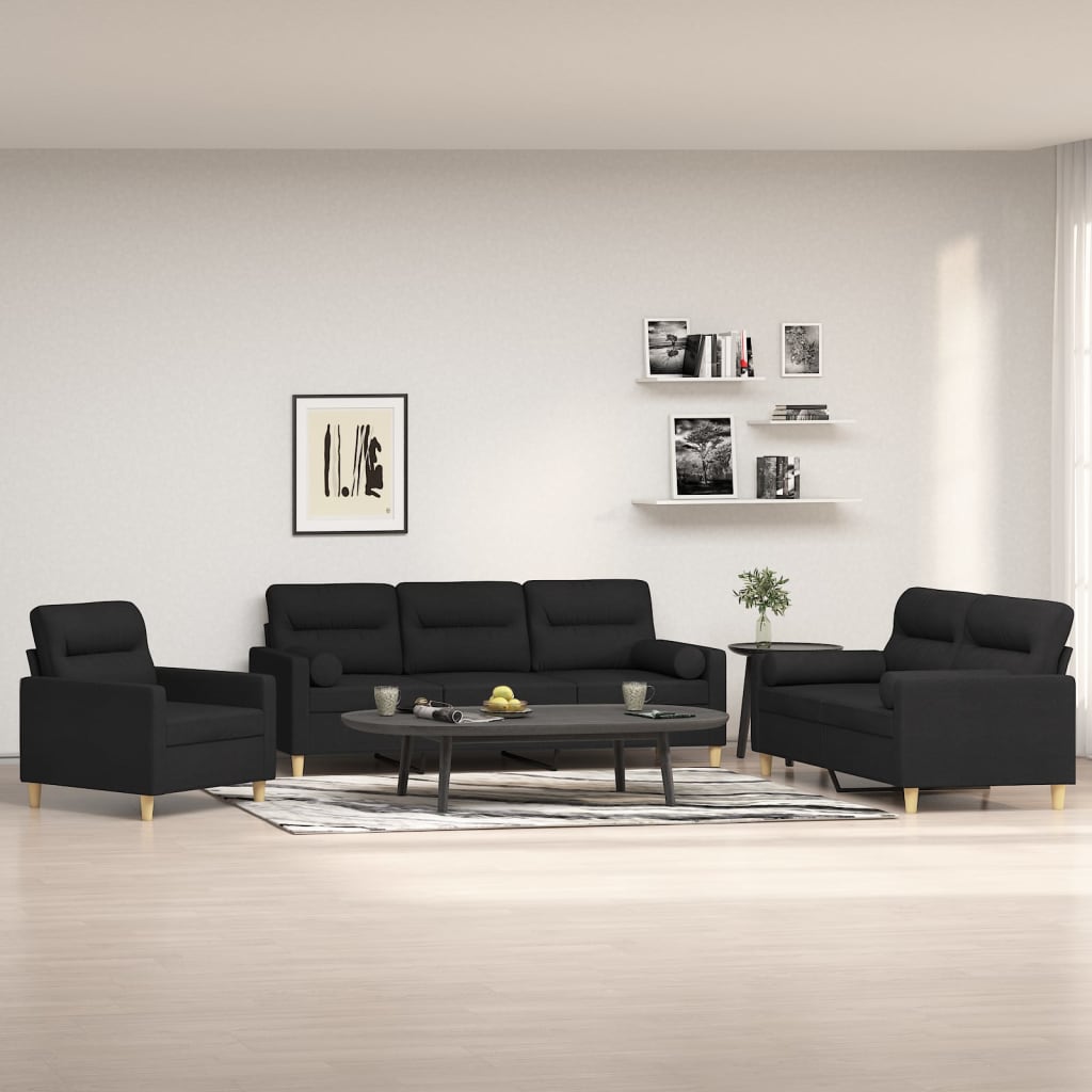 3 Piece Sofa Set with Throw Pillows&Cushions Black Fabric