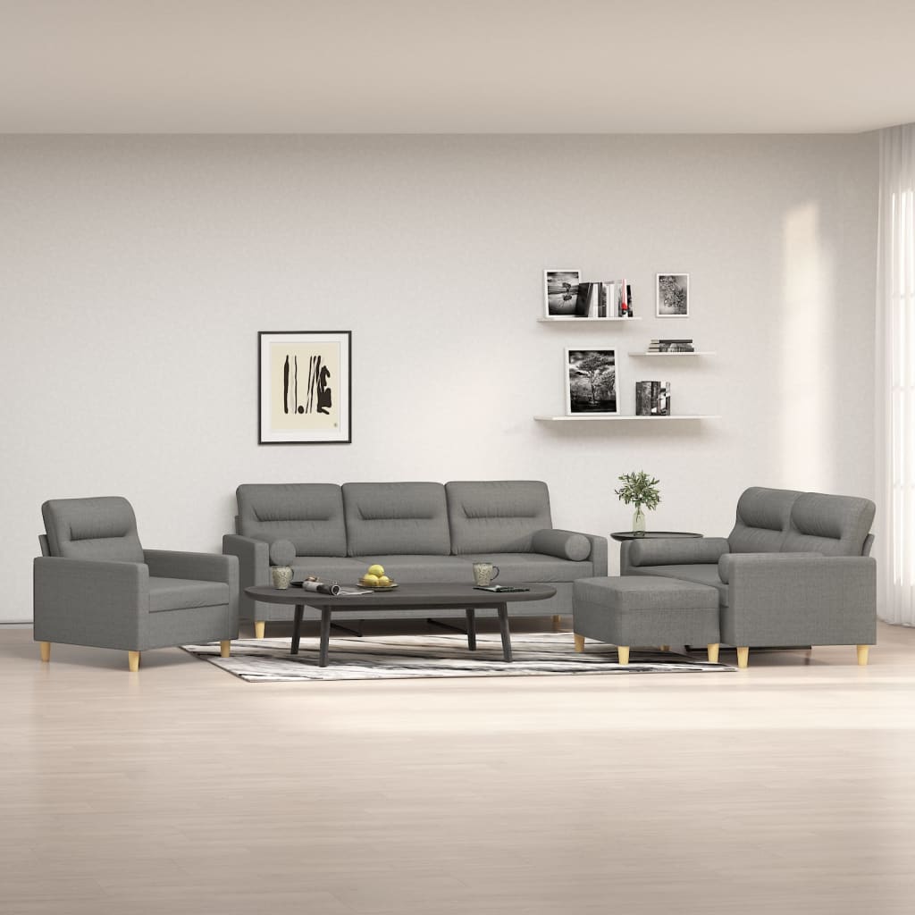 4 Piece Sofa Set with Throw Pillows&Cushions Dark Grey Fabric