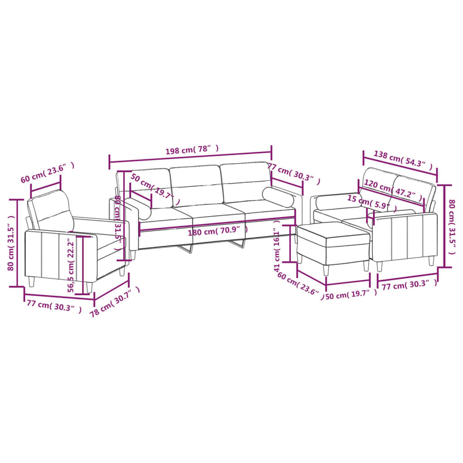 4 Piece Sofa Set with Throw Pillows&Cushions Cream Fabric