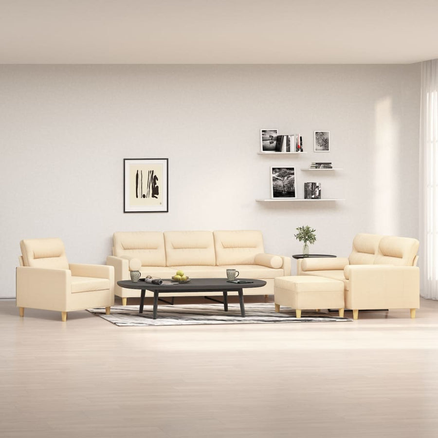 4 Piece Sofa Set with Throw Pillows&Cushions Cream Fabric