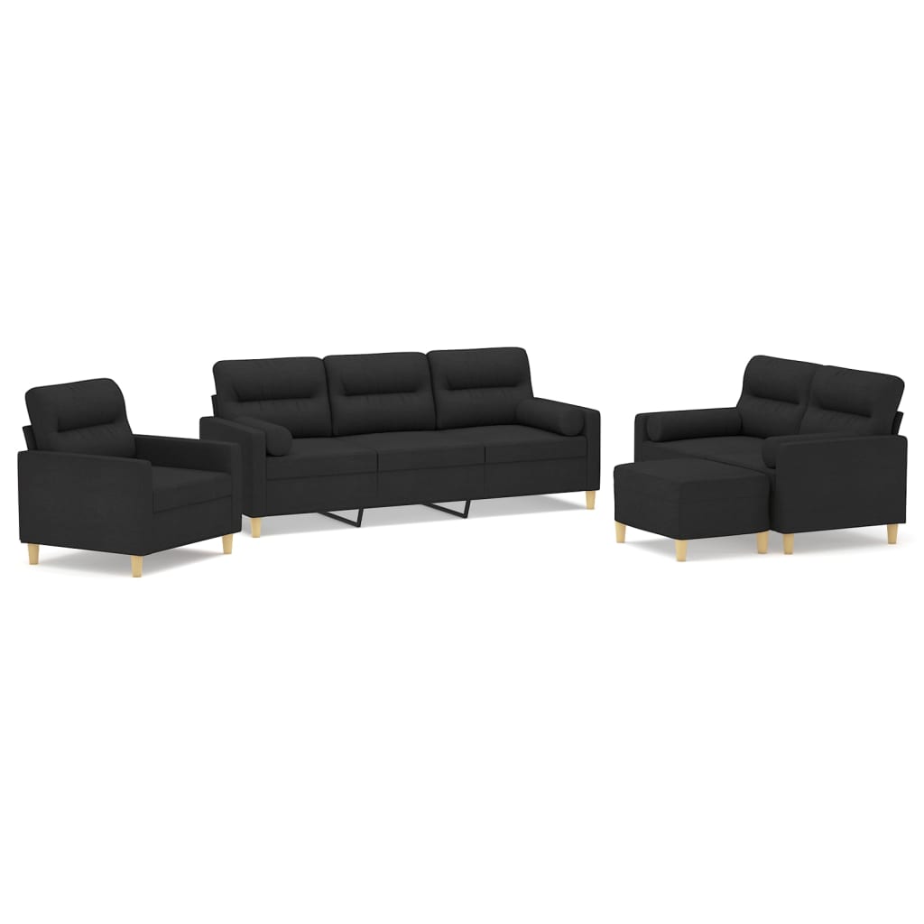 4 Piece Sofa Set with Throw Pillows&Cushions Black Fabric