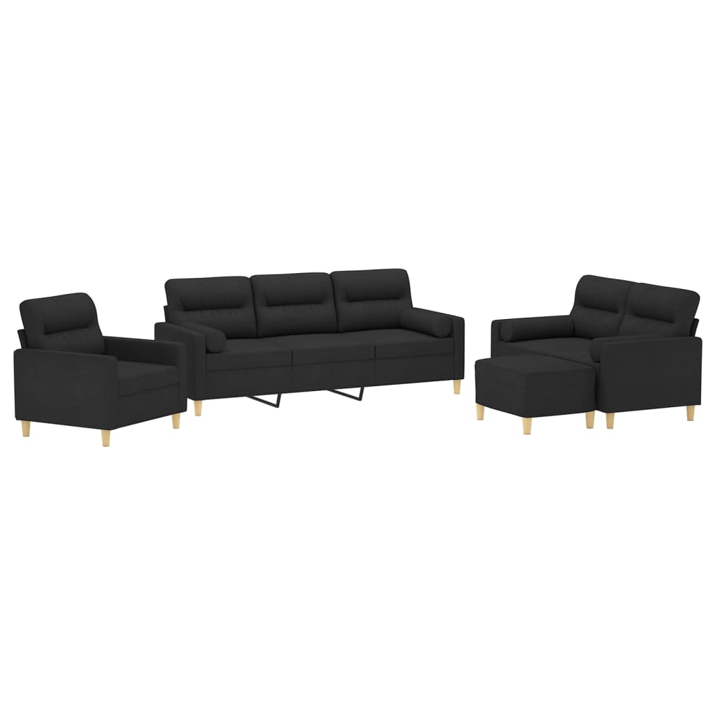 4 Piece Sofa Set with Throw Pillows&Cushions Black Fabric