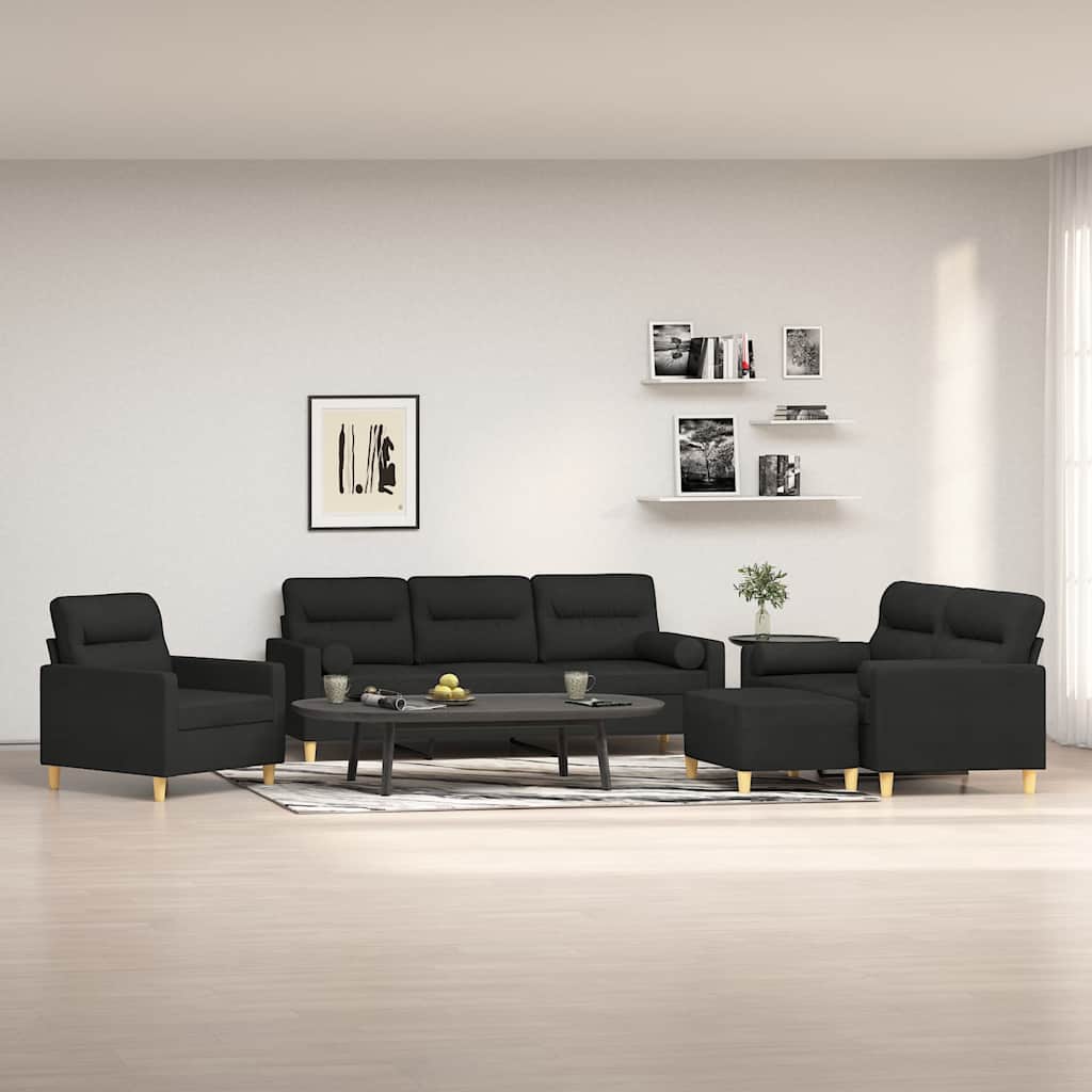 4 Piece Sofa Set with Throw Pillows&Cushions Black Fabric