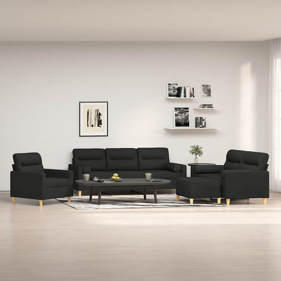 4 Piece Sofa Set with Throw Pillows&Cushions Black Fabric
