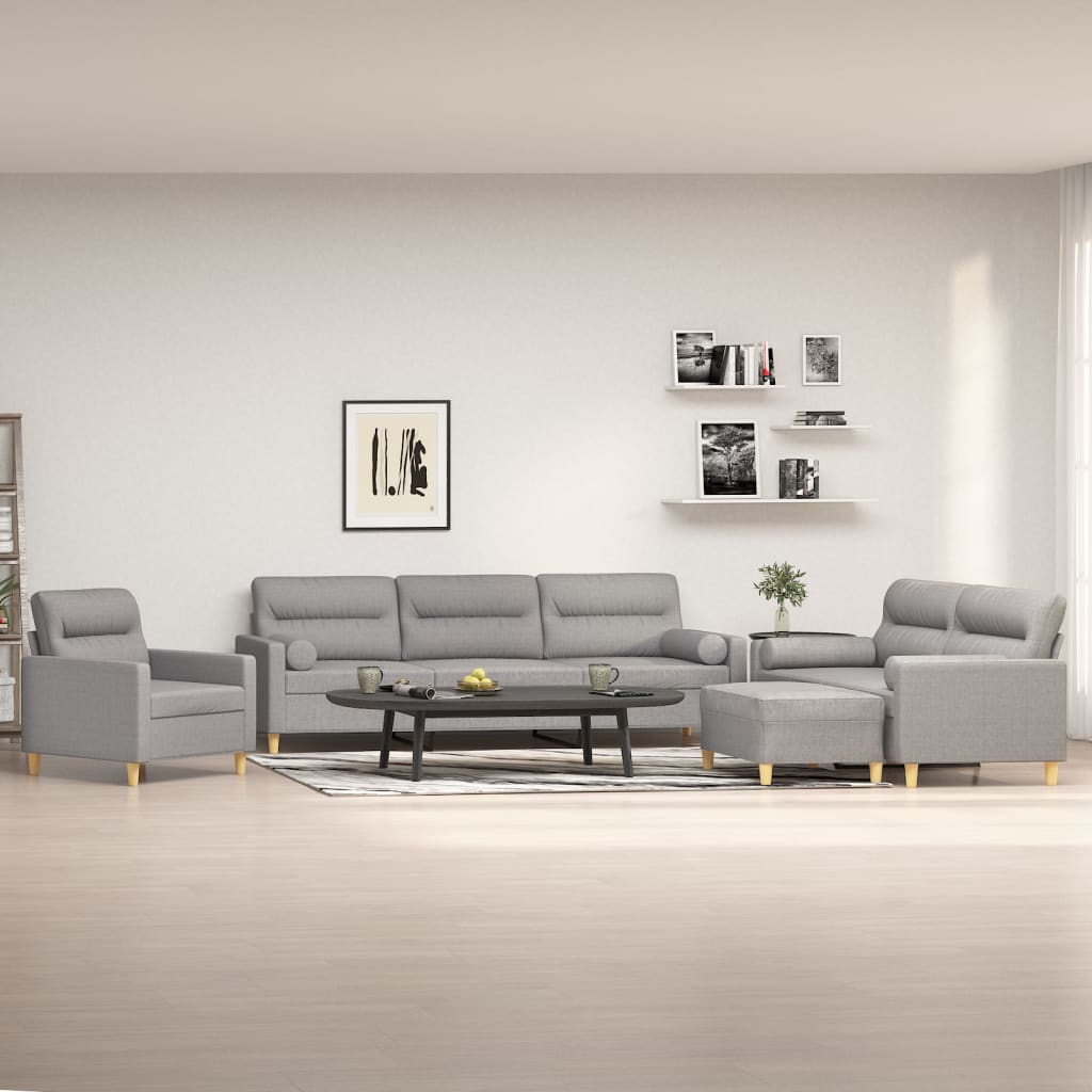 4 Piece Sofa Set with Throw Pillows&Cushions Light Grey Fabric