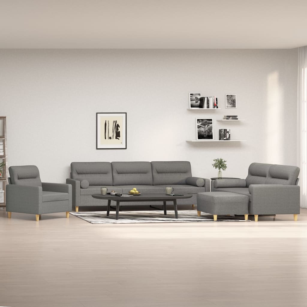 4 Piece Sofa Set with Throw Pillows&Cushions Dark Grey Fabric