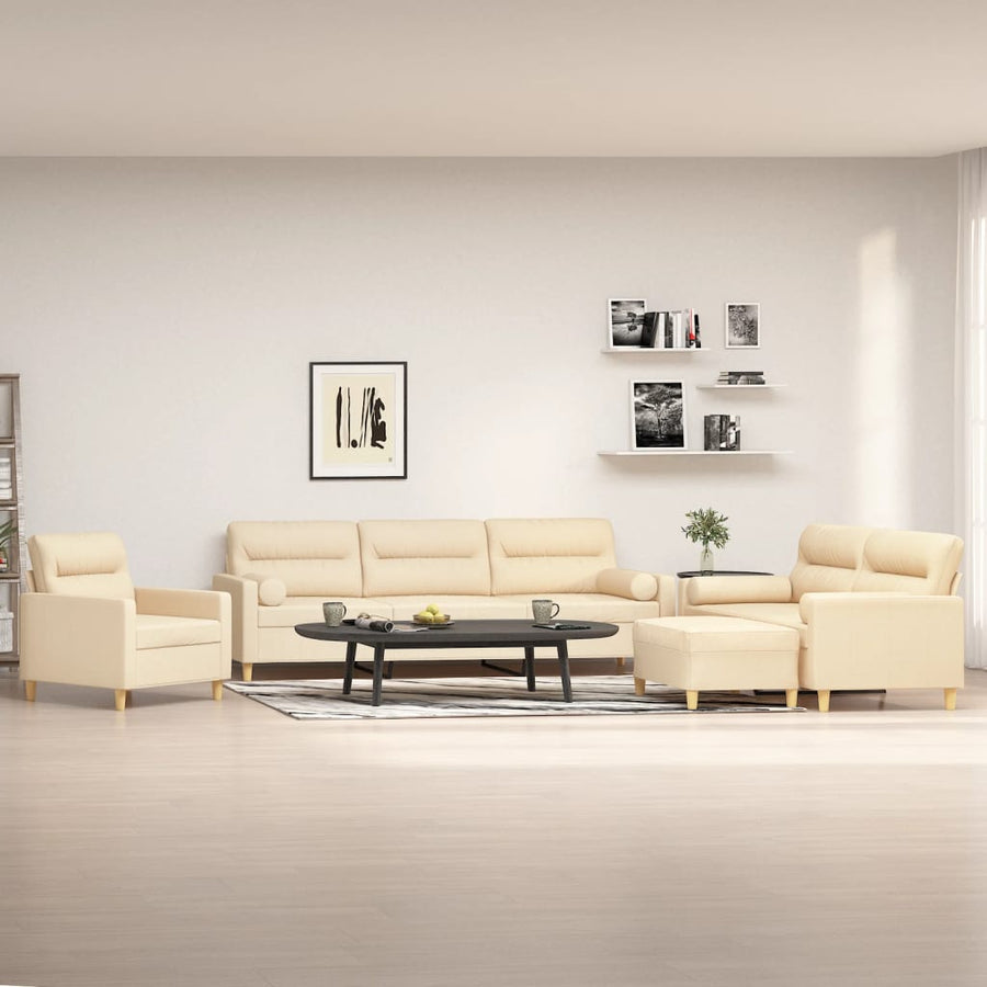4 Piece Sofa Set with Throw Pillows&Cushions Cream Fabric