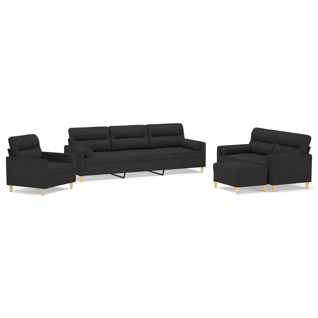 4 Piece Sofa Set with Throw Pillows&Cushions Black Fabric