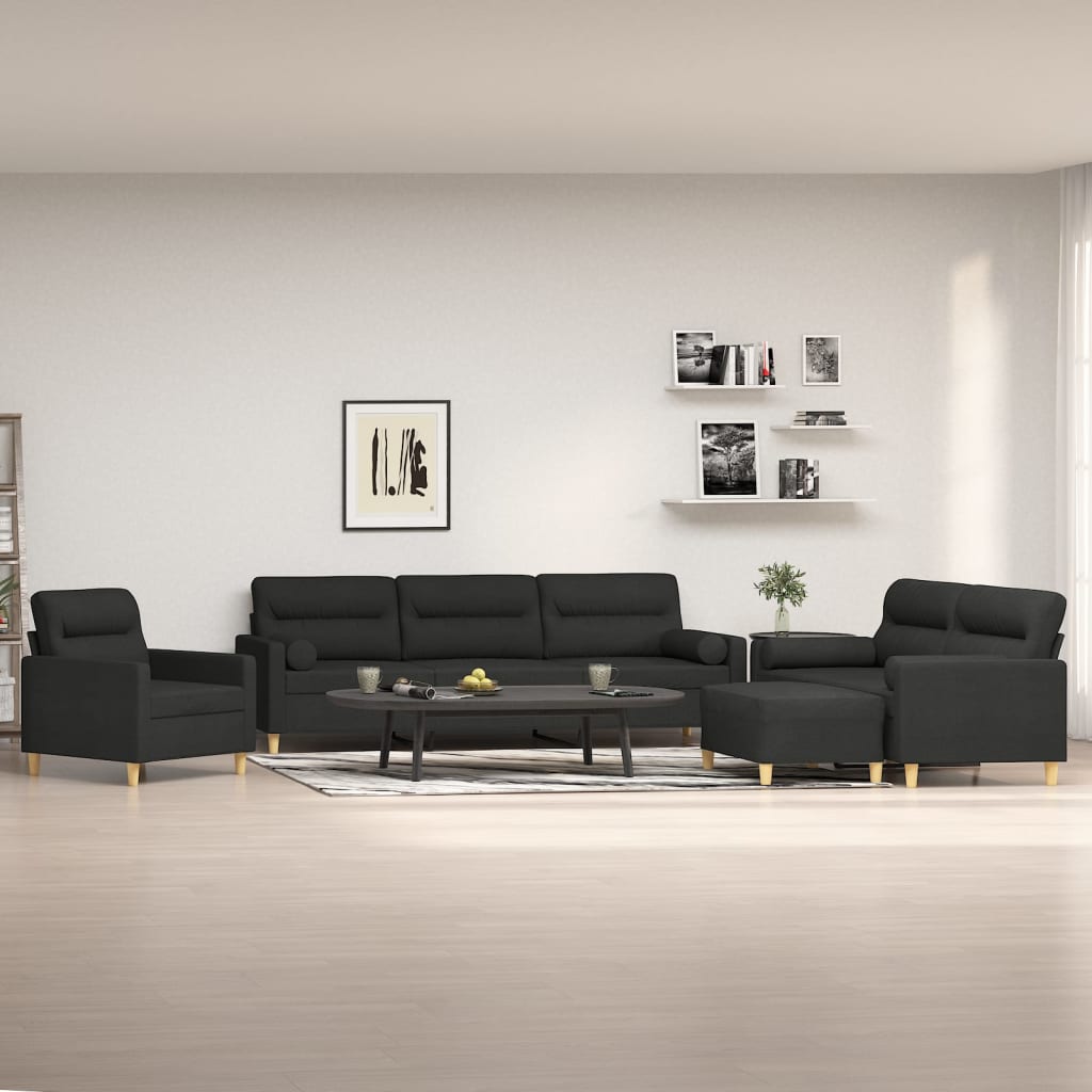 4 Piece Sofa Set with Throw Pillows&Cushions Black Fabric