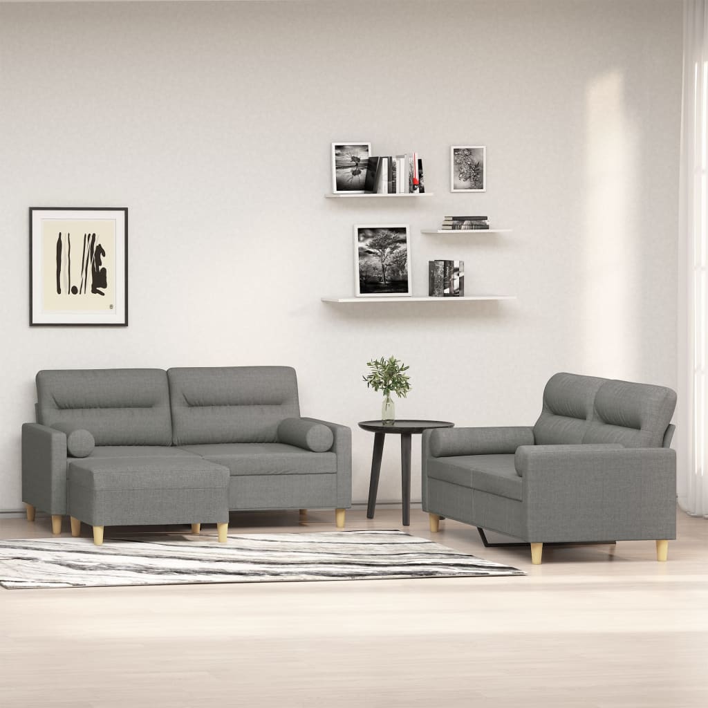 3 Piece Sofa Set with Throw Pillows&Cushions Dark Grey Fabric