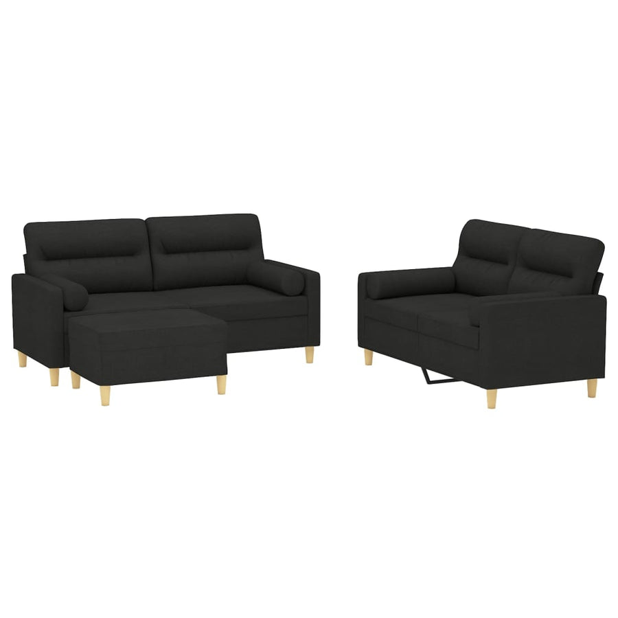 3 Piece Sofa Set with Throw Pillows&Cushions Black Fabric