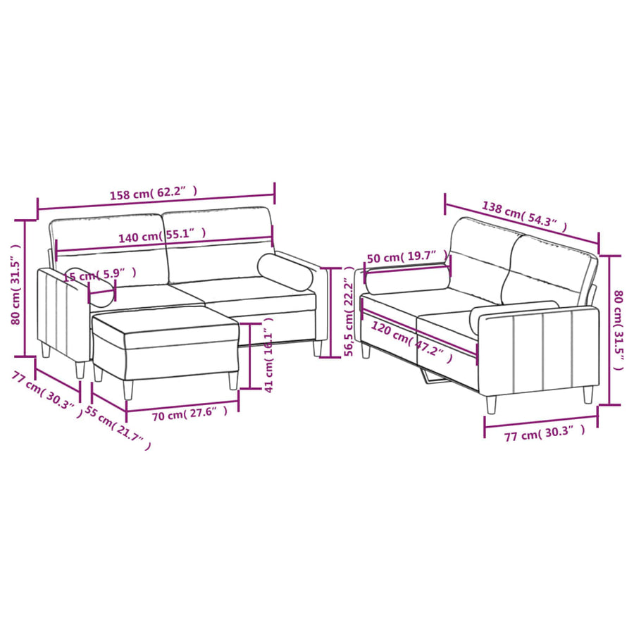 3 Piece Sofa Set with Throw Pillows&Cushions Black Fabric