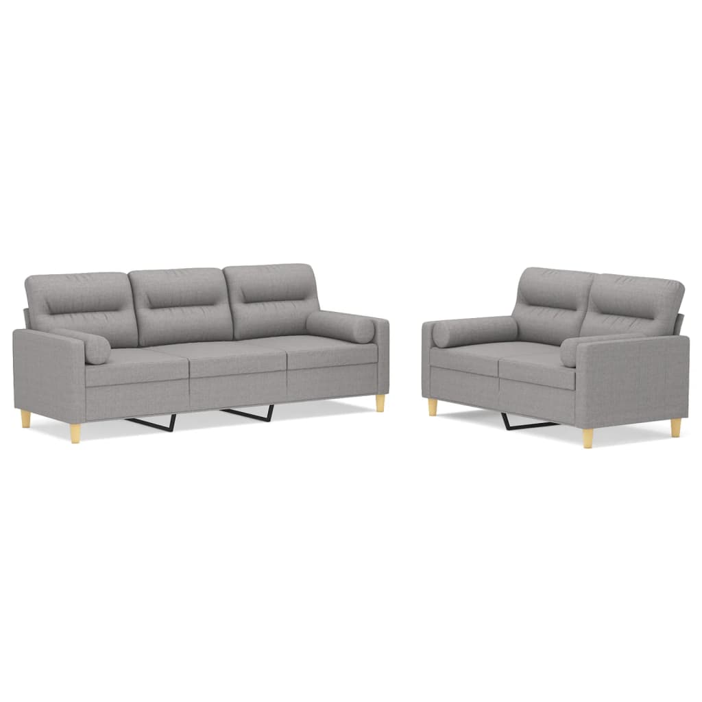 2 Piece Sofa Set with Throw Pillows&Cushions Light Grey Fabric