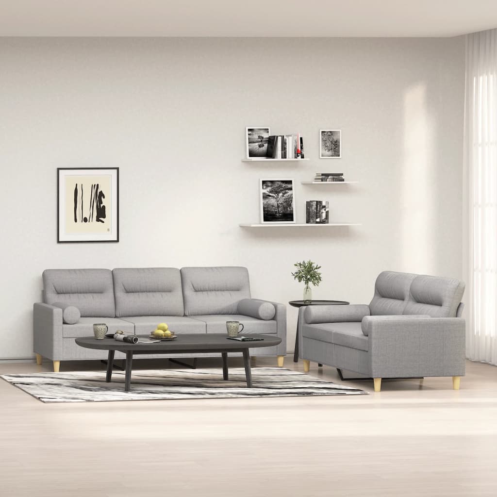 2 Piece Sofa Set with Throw Pillows&Cushions Light Grey Fabric