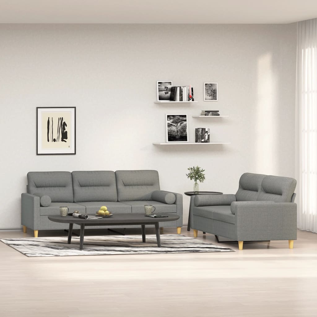 2 Piece Sofa Set with Throw Pillows&Cushions Dark Grey Fabric