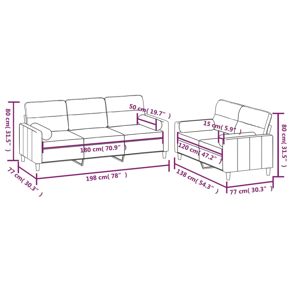 2 Piece Sofa Set with Throw Pillows&Cushions Cream Fabric