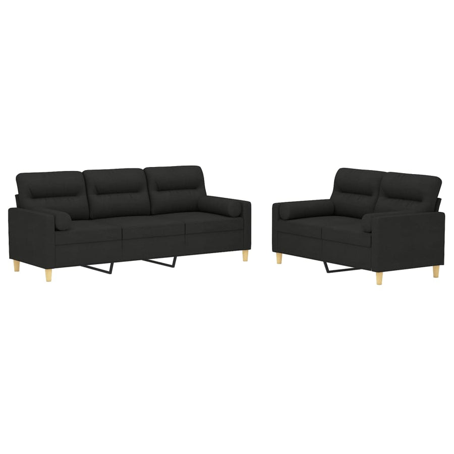 2 Piece Sofa Set with Throw Pillows&Cushions Black Fabric