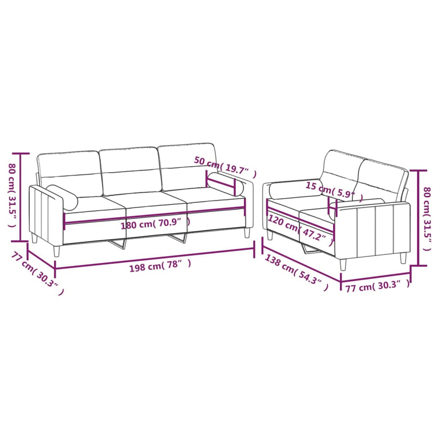 2 Piece Sofa Set with Throw Pillows&Cushions Black Fabric
