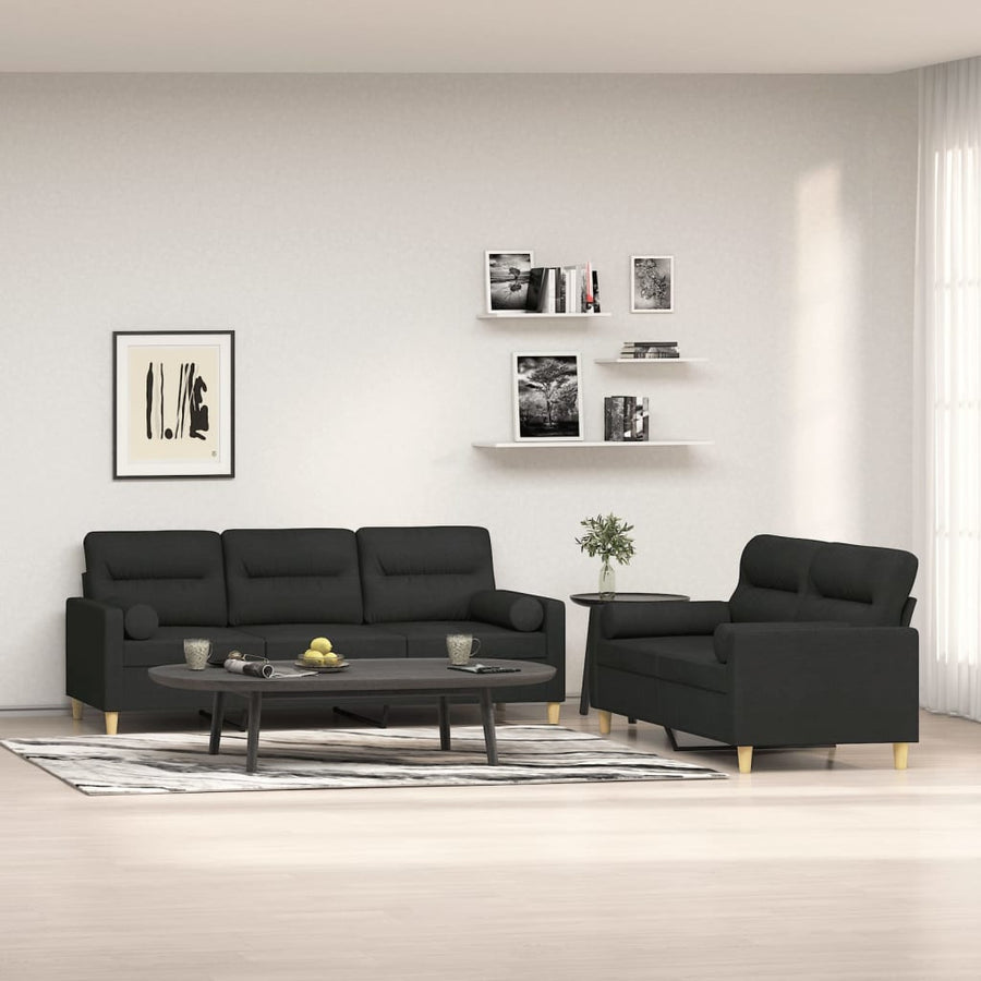 2 Piece Sofa Set with Throw Pillows&Cushions Black Fabric