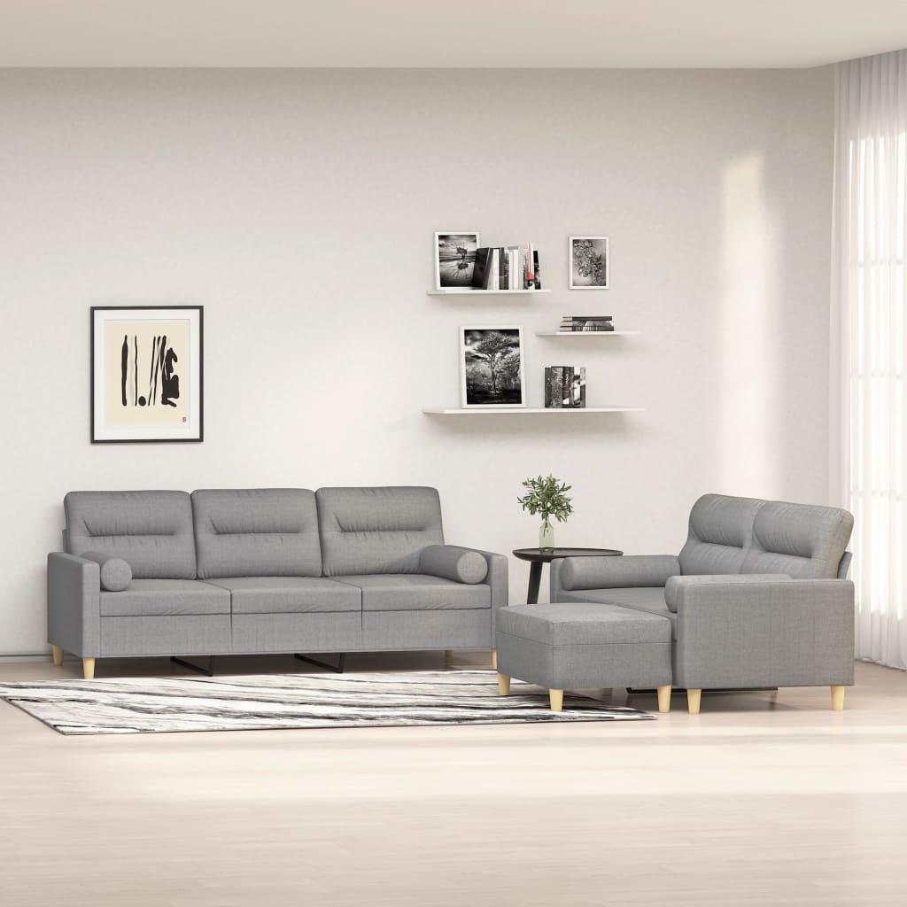 3 Piece Sofa Set with Throw Pillows&Cushions Light Grey Fabric