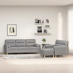 3 Piece Sofa Set with Throw Pillows&Cushions Light Grey Fabric