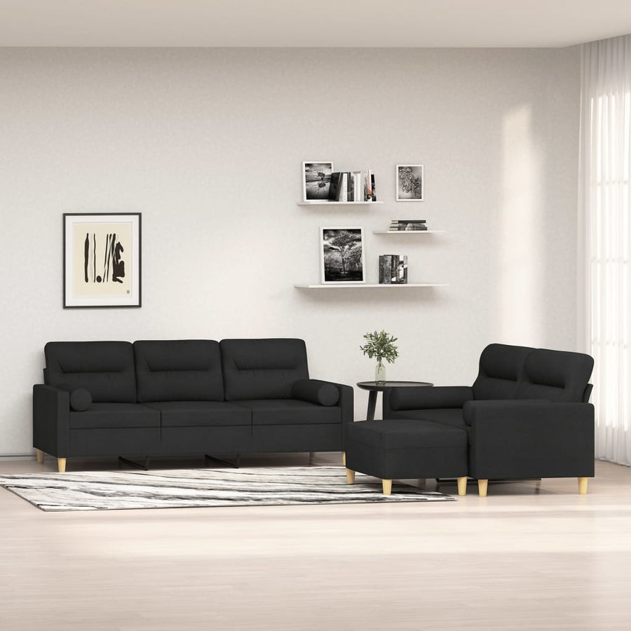 3 Piece Sofa Set with Throw Pillows&Cushions Black Fabric
