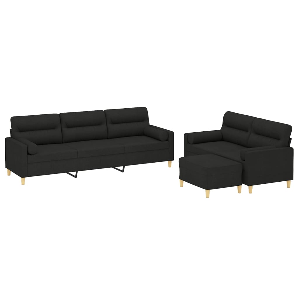 3 Piece Sofa Set with Throw Pillows&Cushions Black Fabric