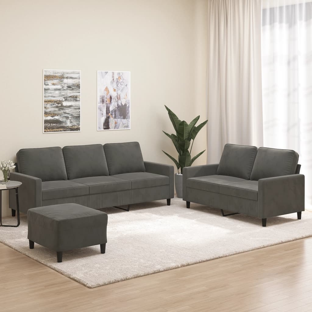 3 Piece Sofa Set with Cushions Dark Grey Velvet