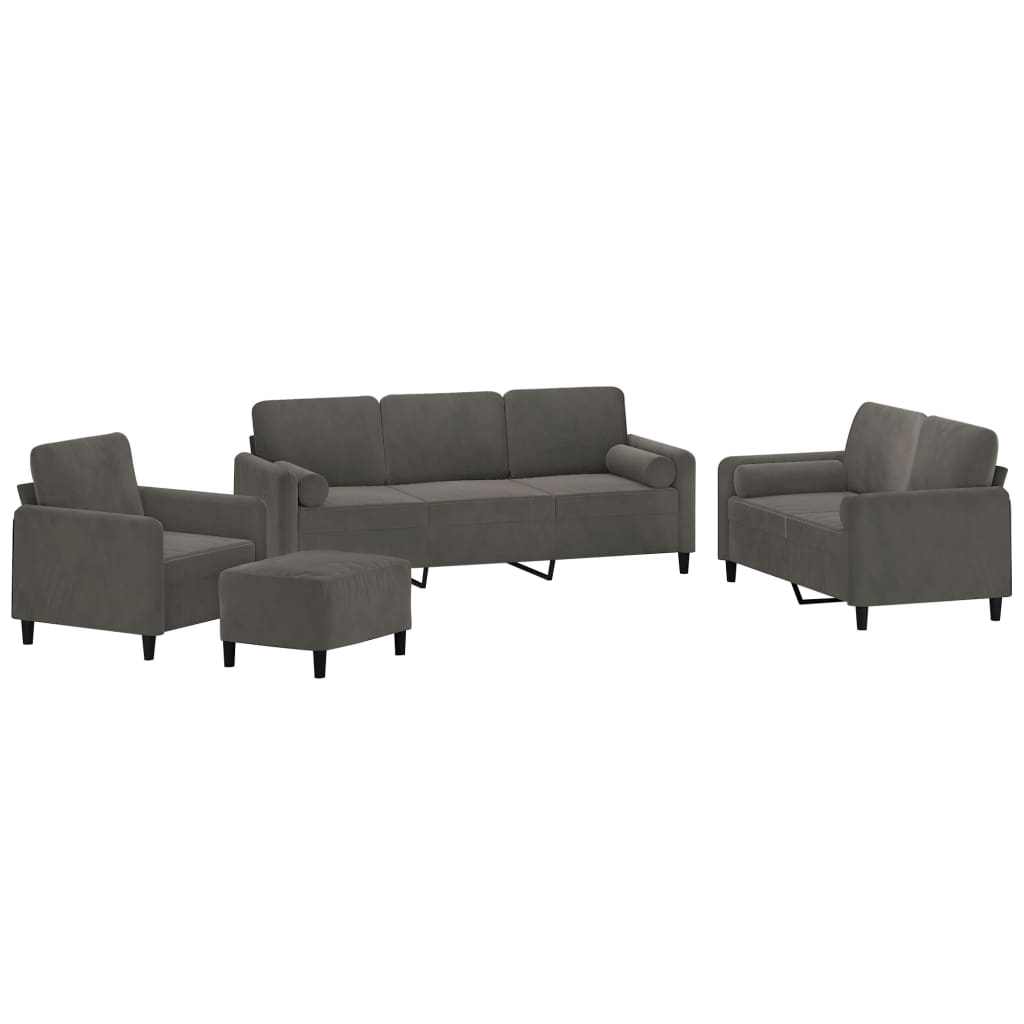 4 Piece Sofa Set with Throw Pillows&Cushions Dark Grey Velvet