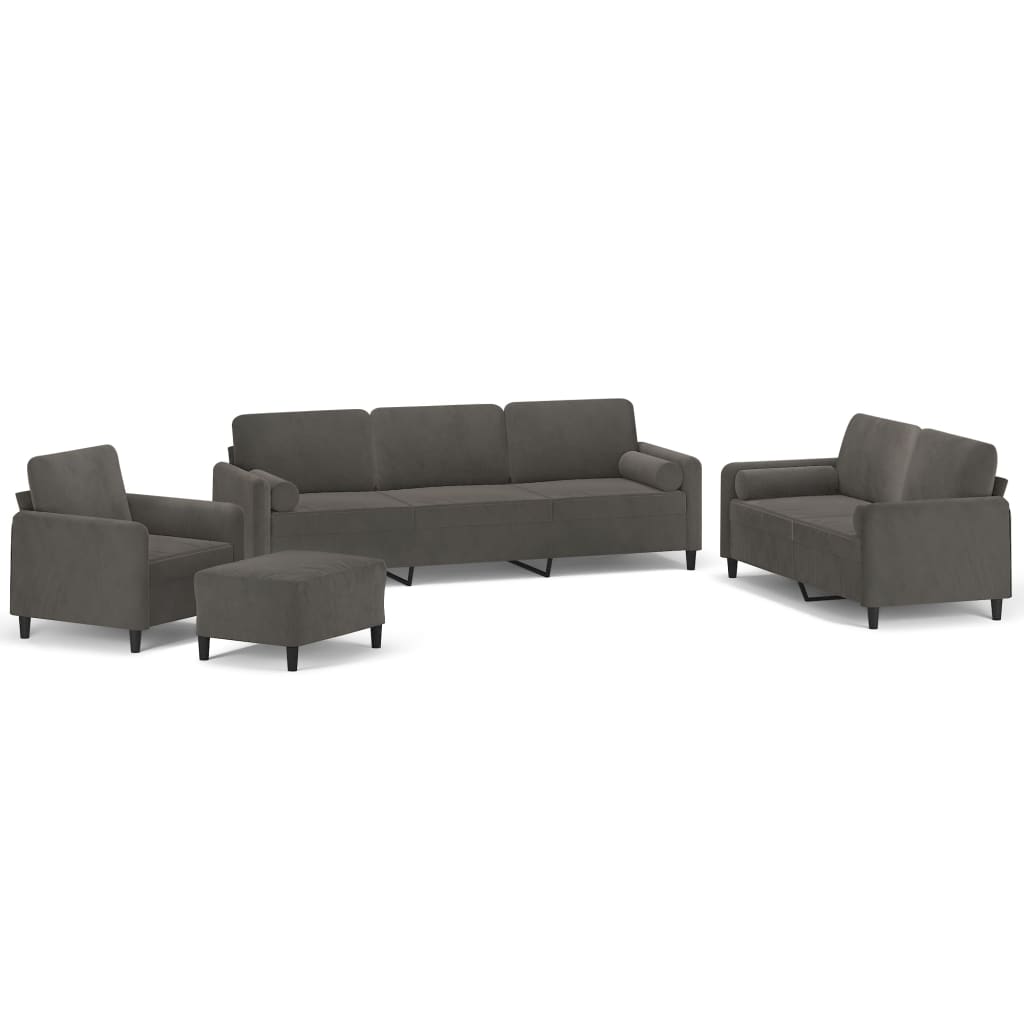 4 Piece Sofa Set with Throw Pillows&Cushions Dark Grey Velvet