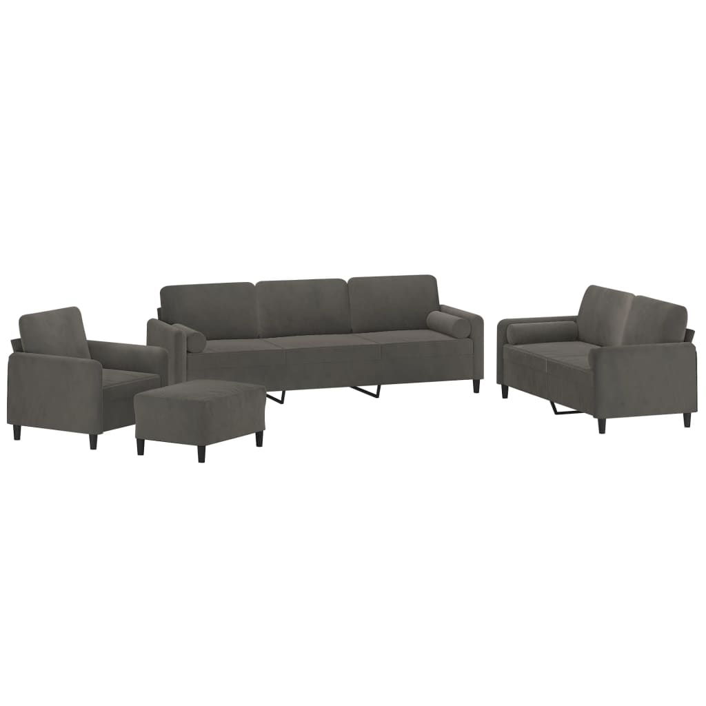4 Piece Sofa Set with Throw Pillows&Cushions Dark Grey Velvet